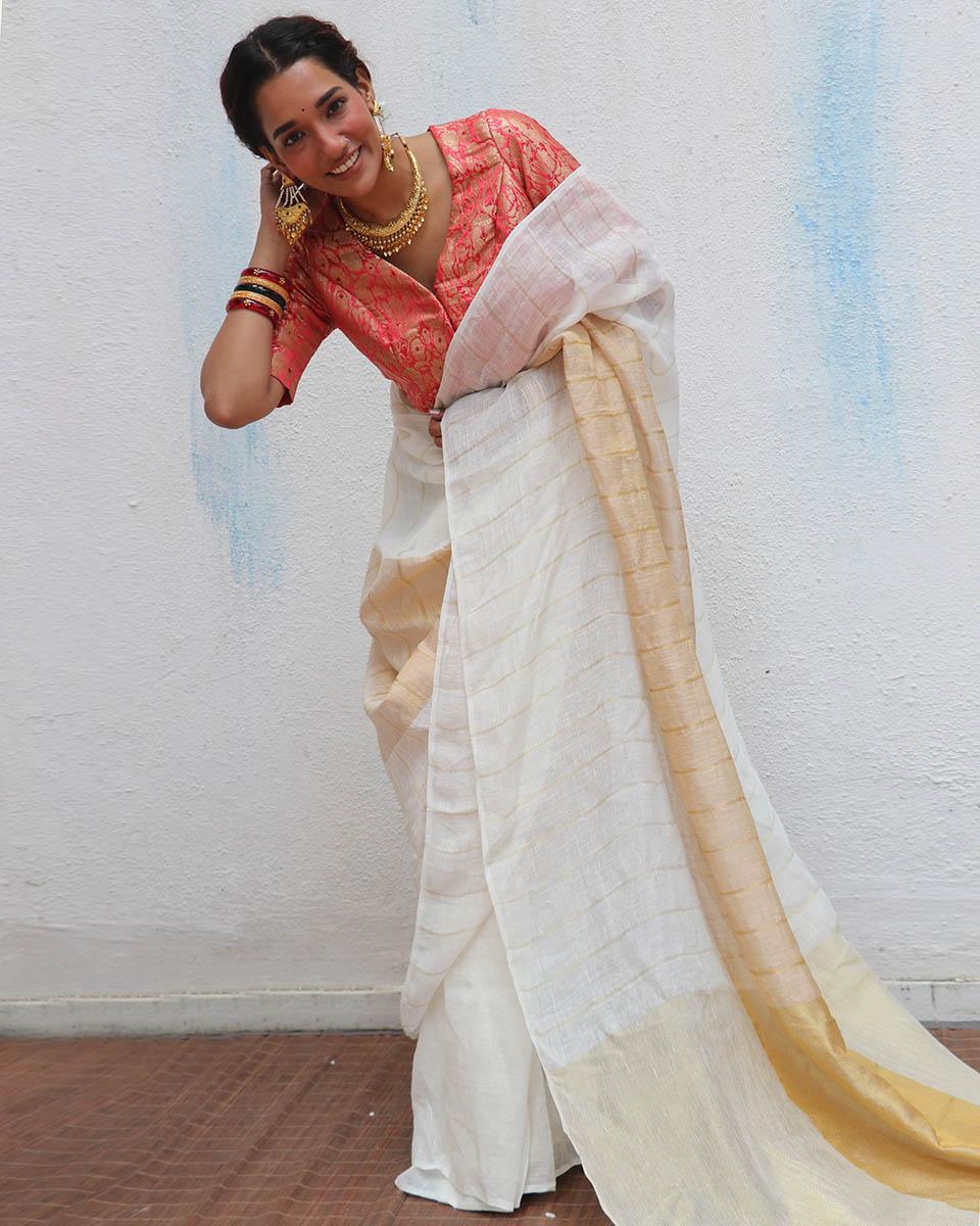 Udaya Handwoven Linen Zari Saree - Onam