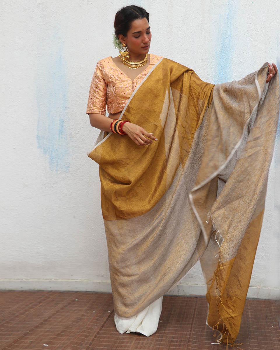 Udvita Handwoven Linen Zari Saree - Onam