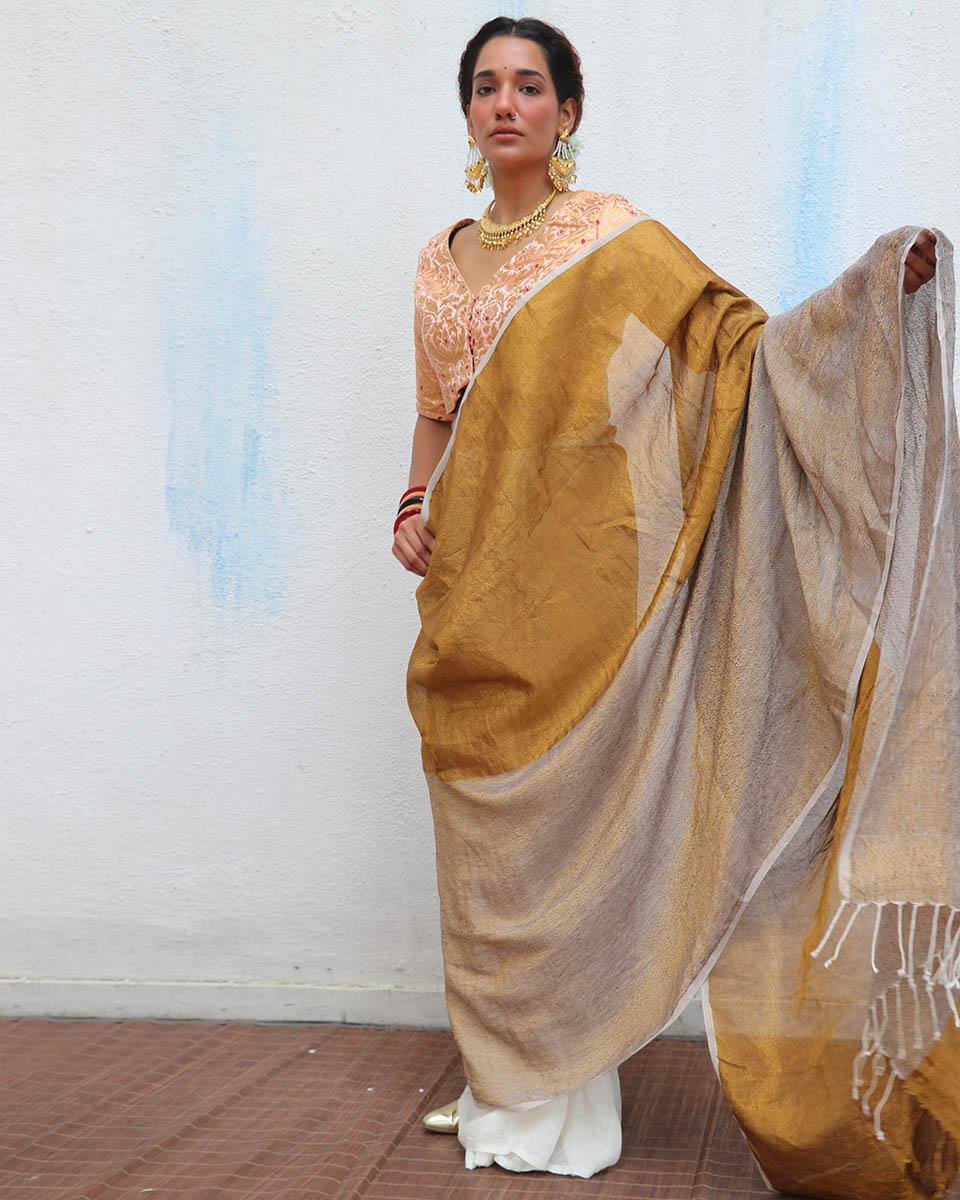 Udvita Handwoven Linen Zari Saree - Onam