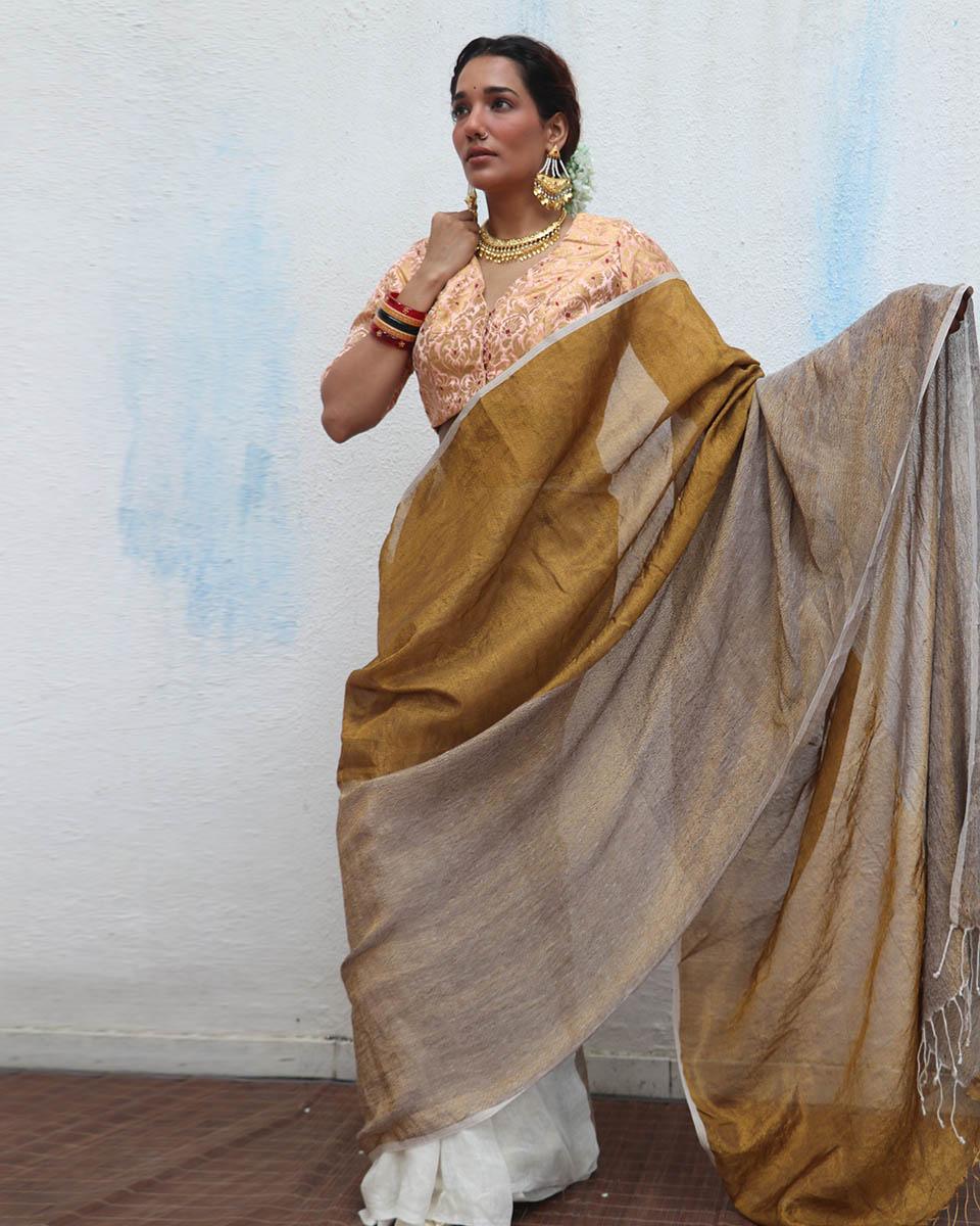 Udvita Handwoven Linen Zari Saree - Onam