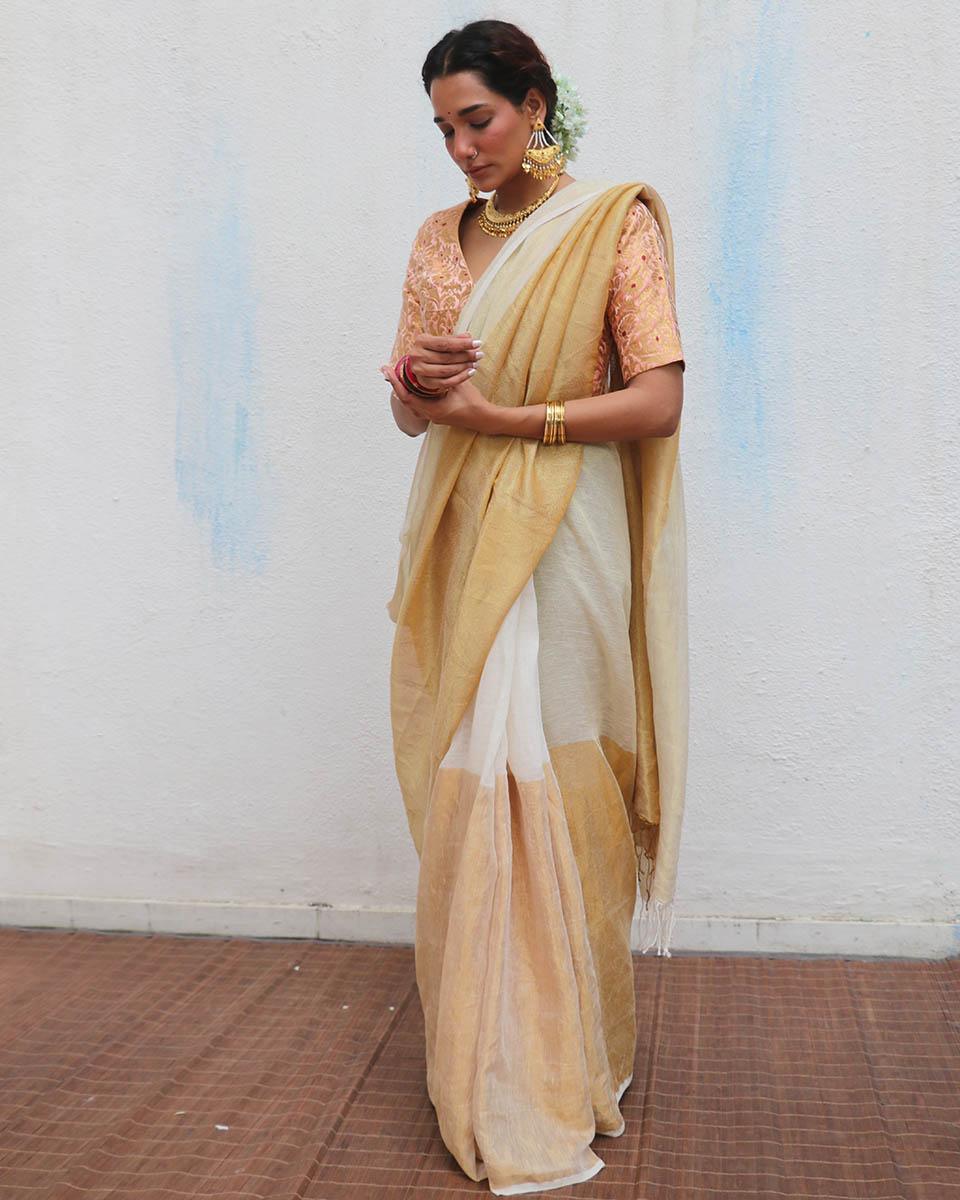 Lalitha Handwoven Linen Zari  Saree - Onam