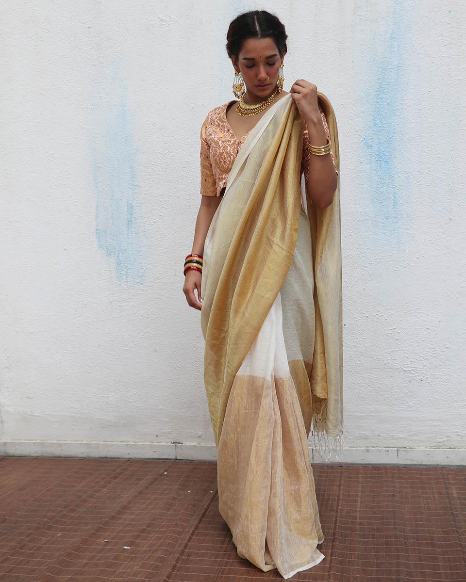 Lalitha Handwoven Linen Zari  Saree - Onam