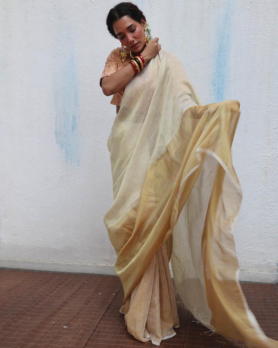 Lalitha Handwoven Linen Zari  Saree - Onam