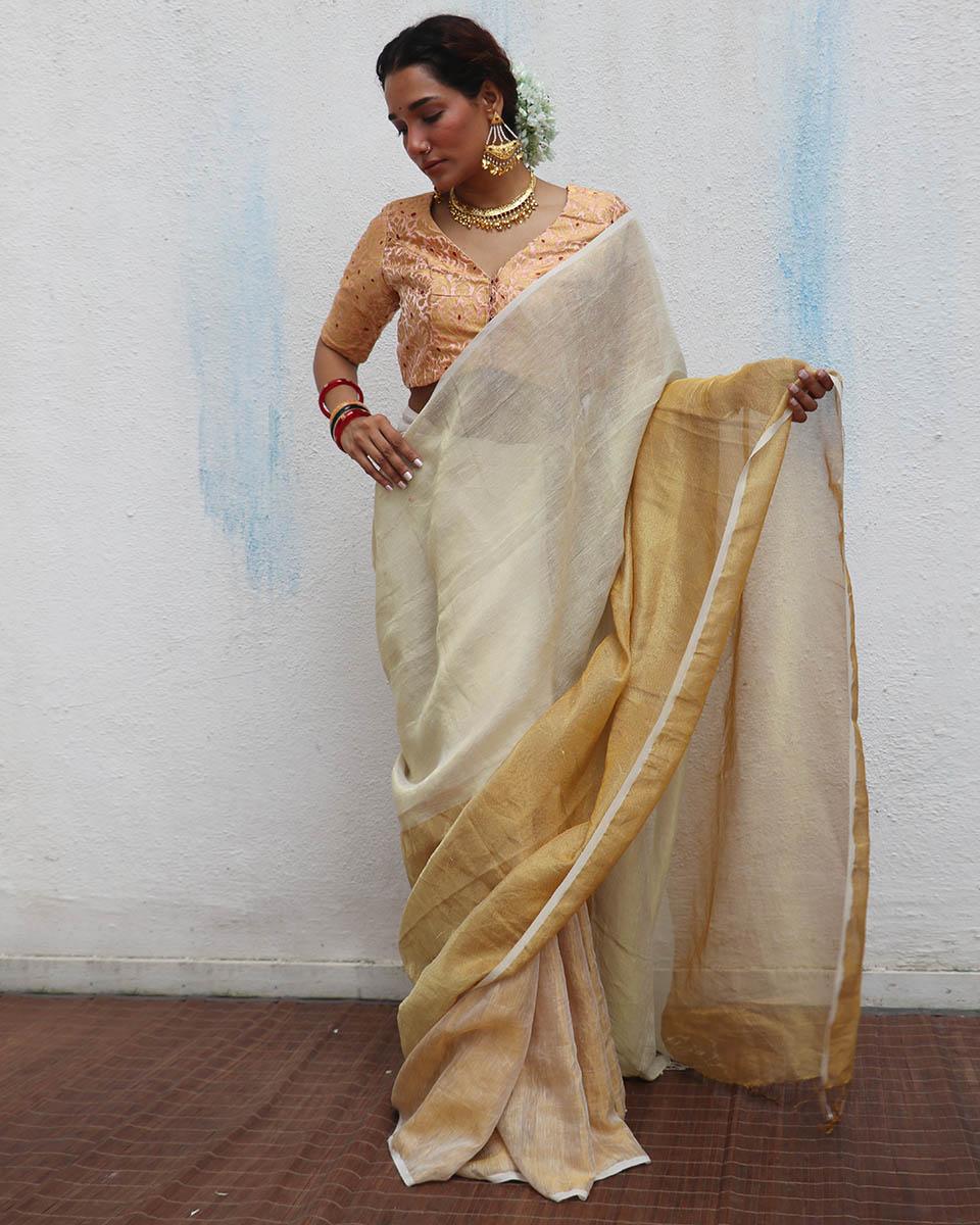 Lalitha Handwoven Linen Zari  Saree - Onam