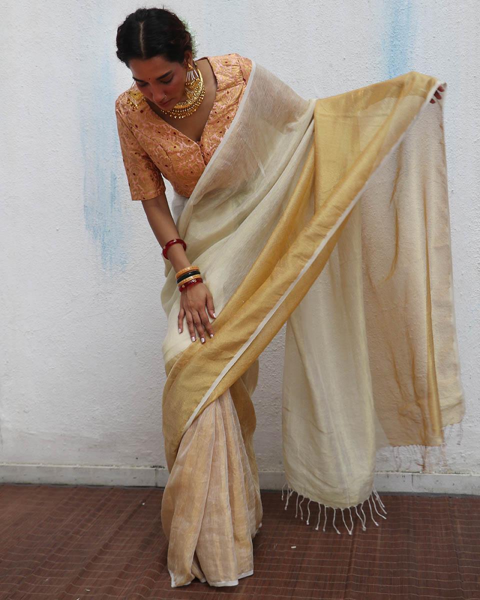 Lalitha Handwoven Linen Zari  Saree - Onam