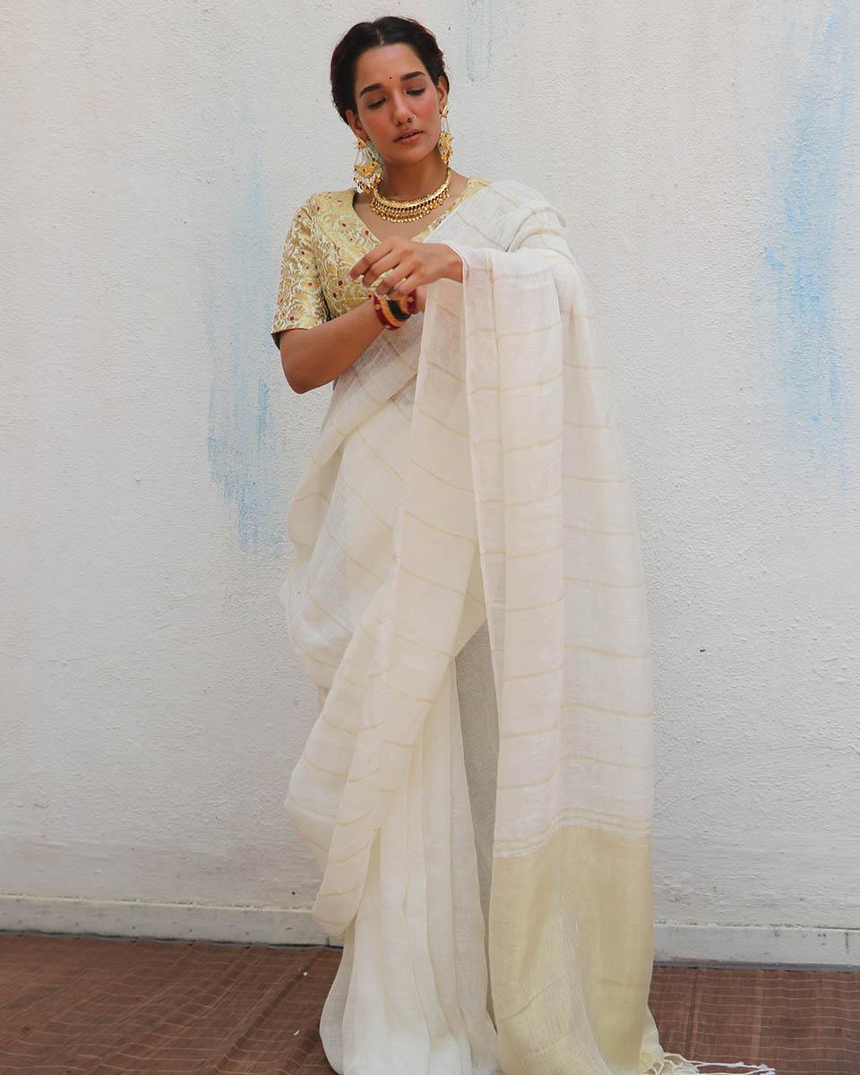 Ammini Handwoven Linen Zari Saree - Onam