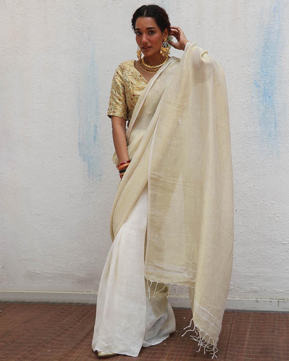 Sreeja Handwoven Linen Zari Saree - Onam