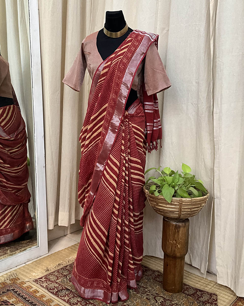 Maroon handblock printed linen Saree - Love Despite