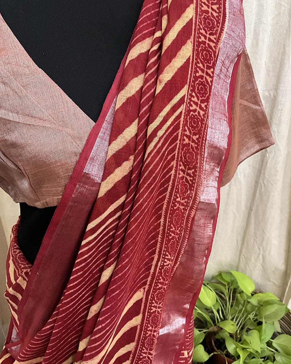 Maroon handblock printed linen Saree - Love Despite