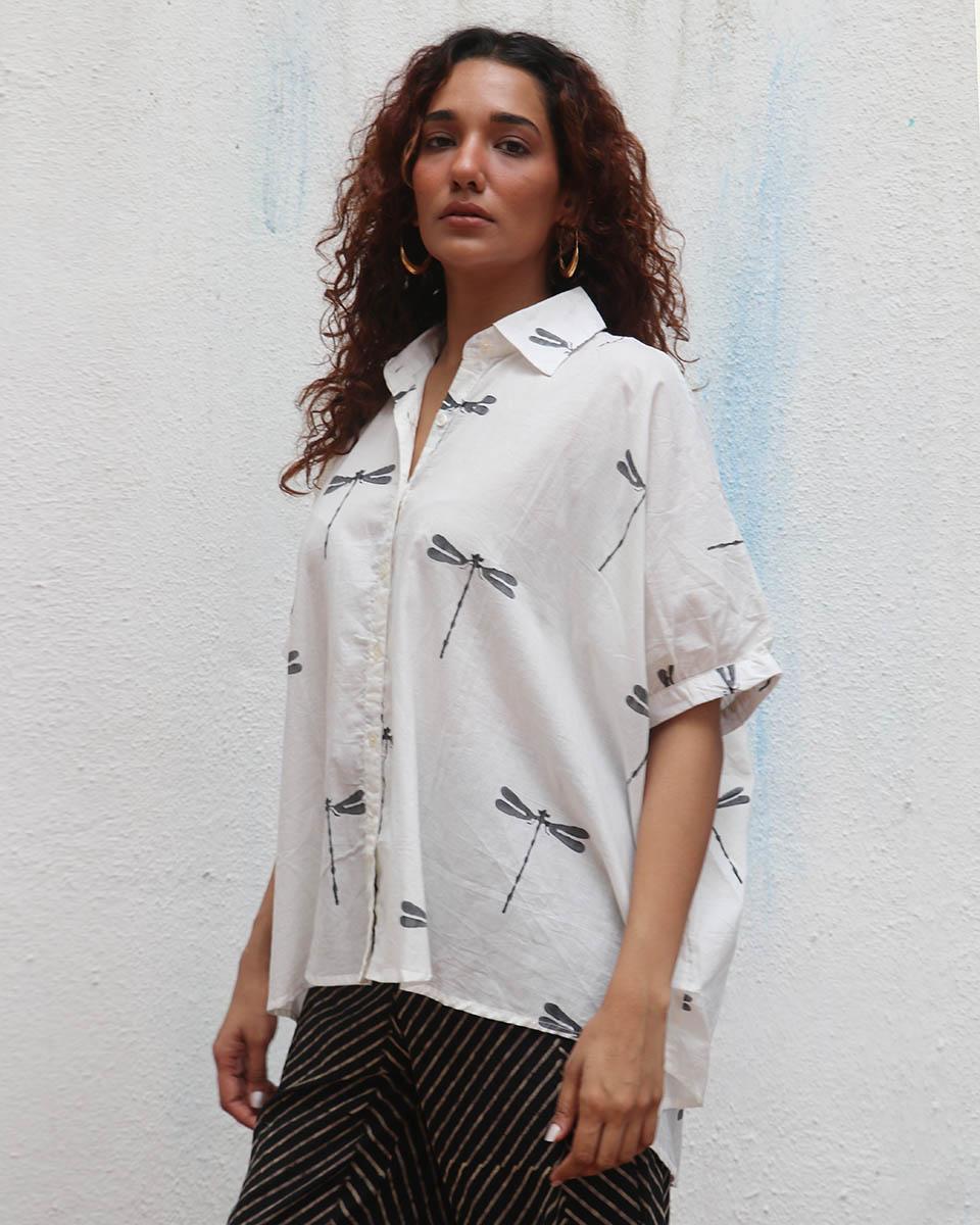 Free Falling Handblock Printed Cotton Shirt - Mono