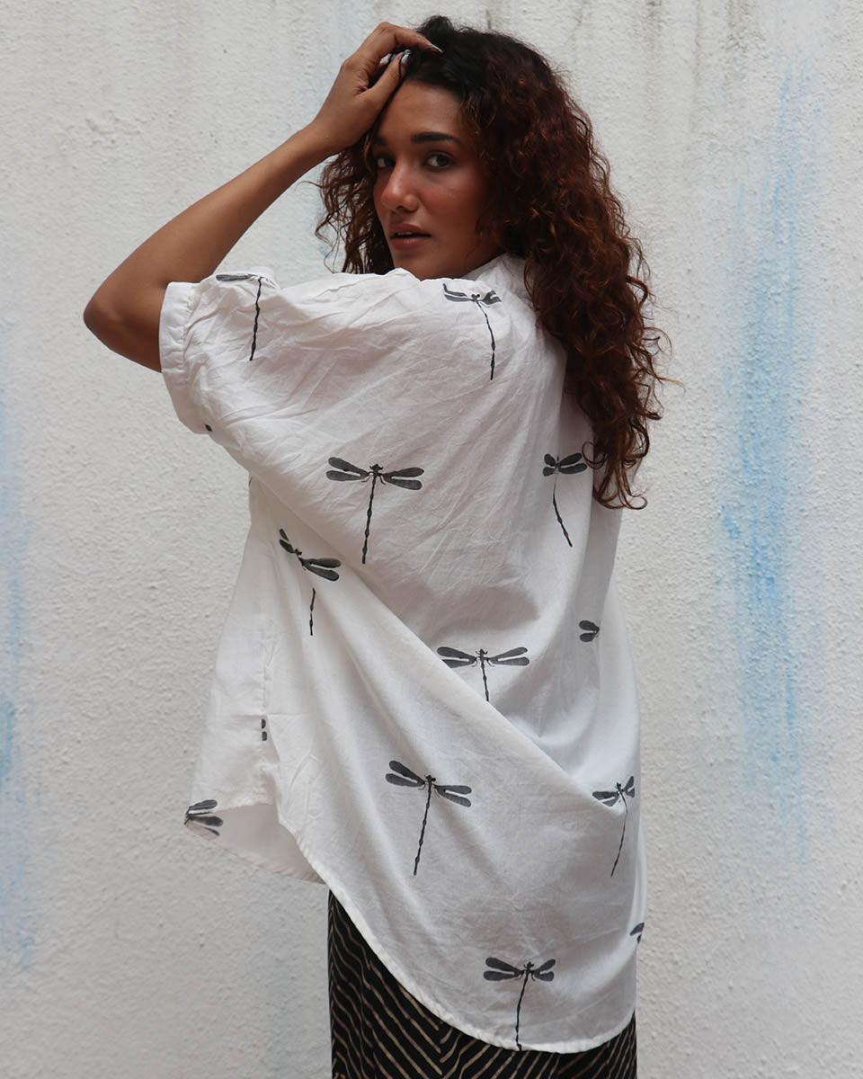 Free Falling Handblock Printed Cotton Shirt - Mono