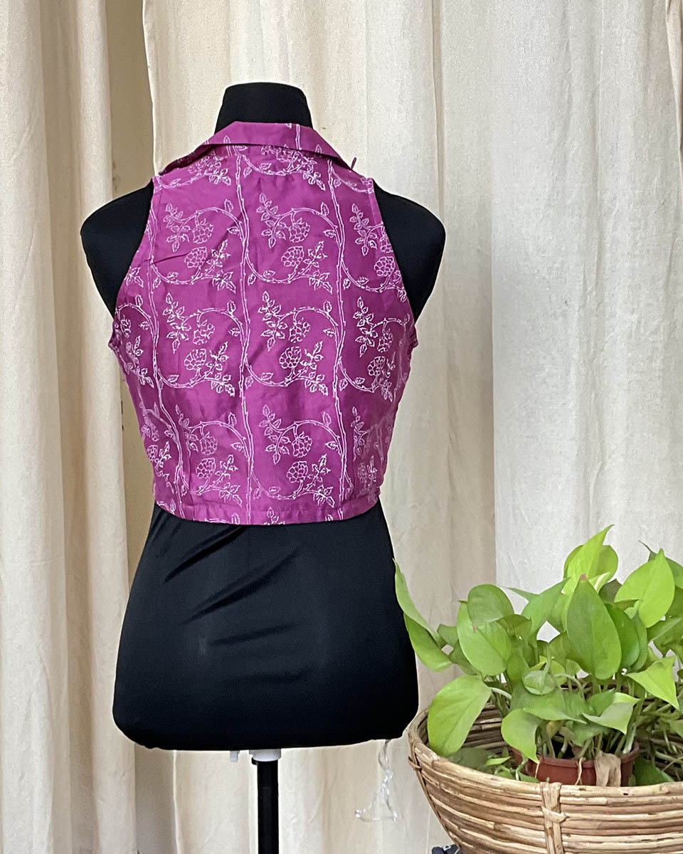 Purple Handblock Printed Chanderi Silk Blouse - Love Despite