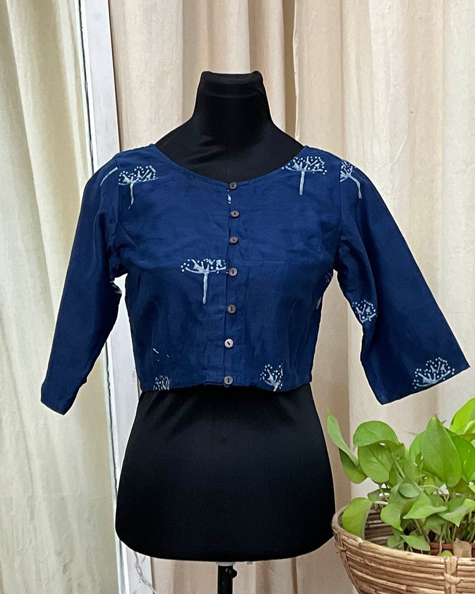 Blue Handblock Printed Chanderi Silk Blouse - Love Despite