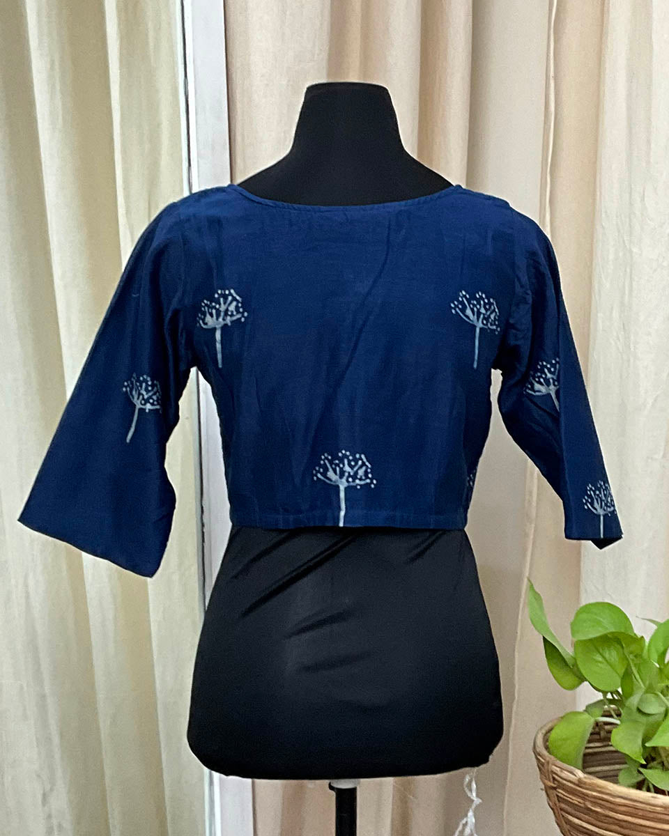 Blue Handblock Printed Chanderi Silk Blouse - Love Despite