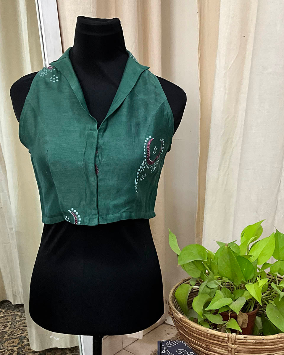 Green Handblock Printed Chanderi Silk Blouse - Love Despite