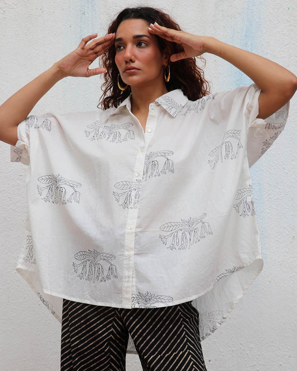 "Flor d’Luna  Handblock Printed Cotton Shirt - Mono