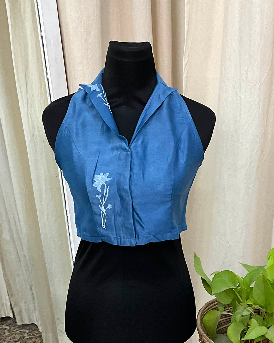 Blue Handblock Printed Chanderi Silk Blouse - Love Despite