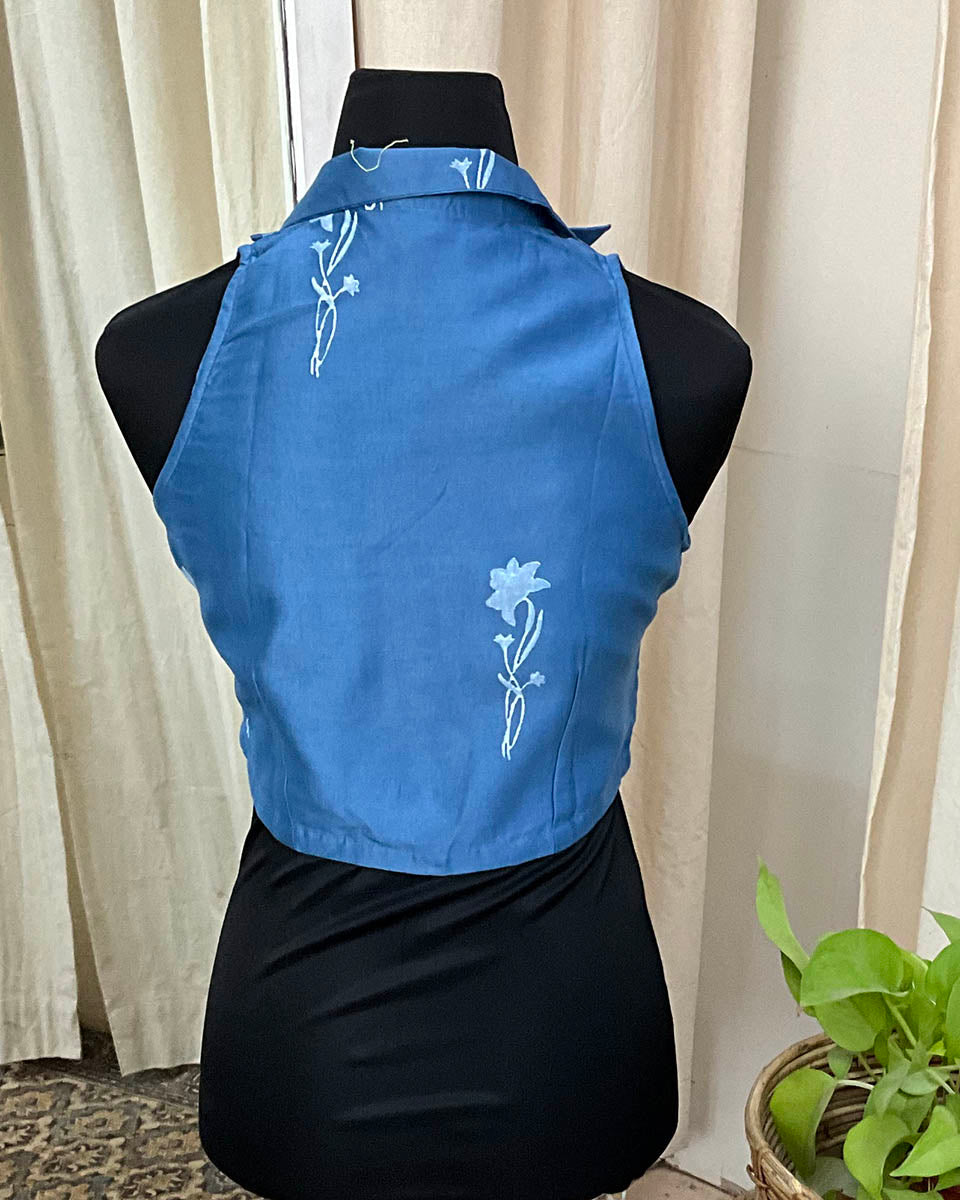 Blue Handblock Printed Chanderi Silk Blouse - Love Despite