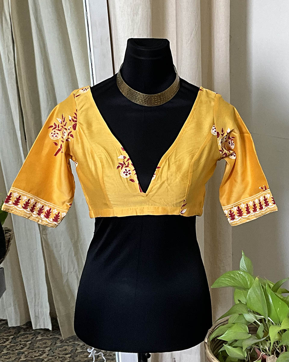 Yellow Handblock Printed Chanderi Silk Blouse - Love Despite