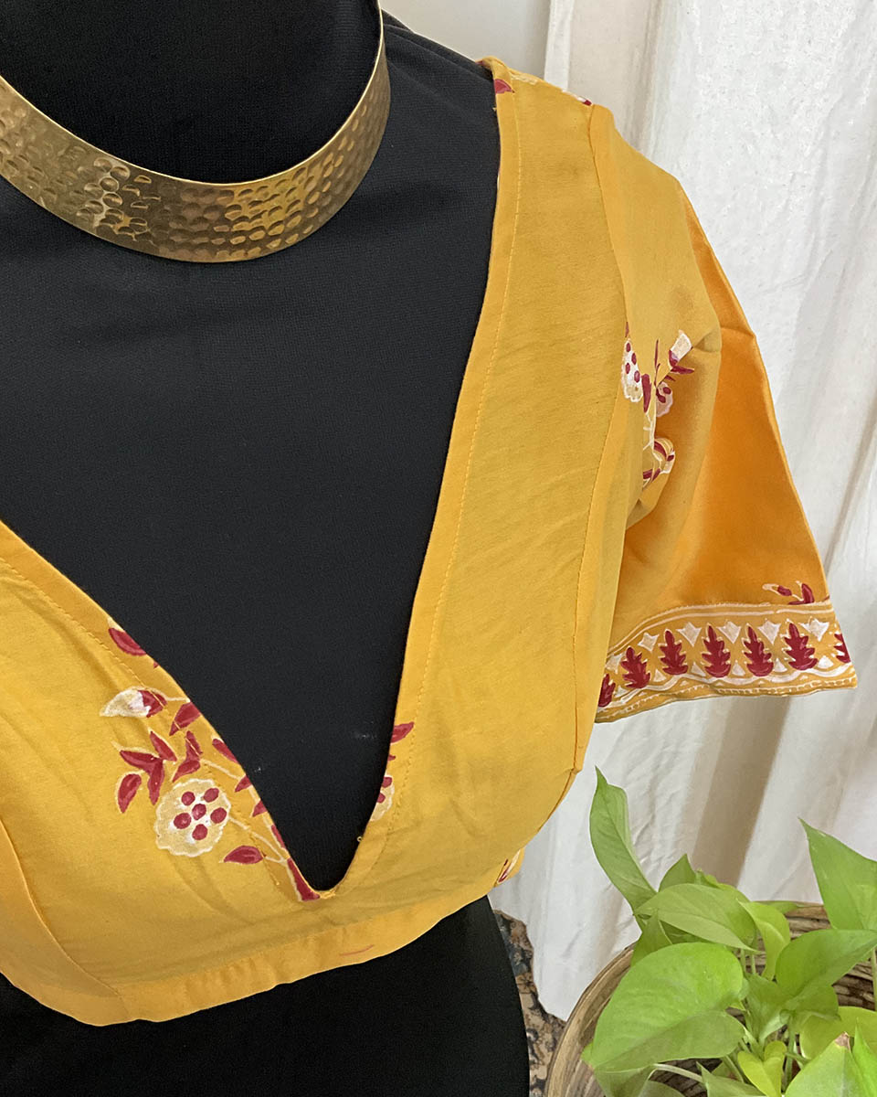 Yellow Handblock Printed Chanderi Silk Blouse - Love Despite