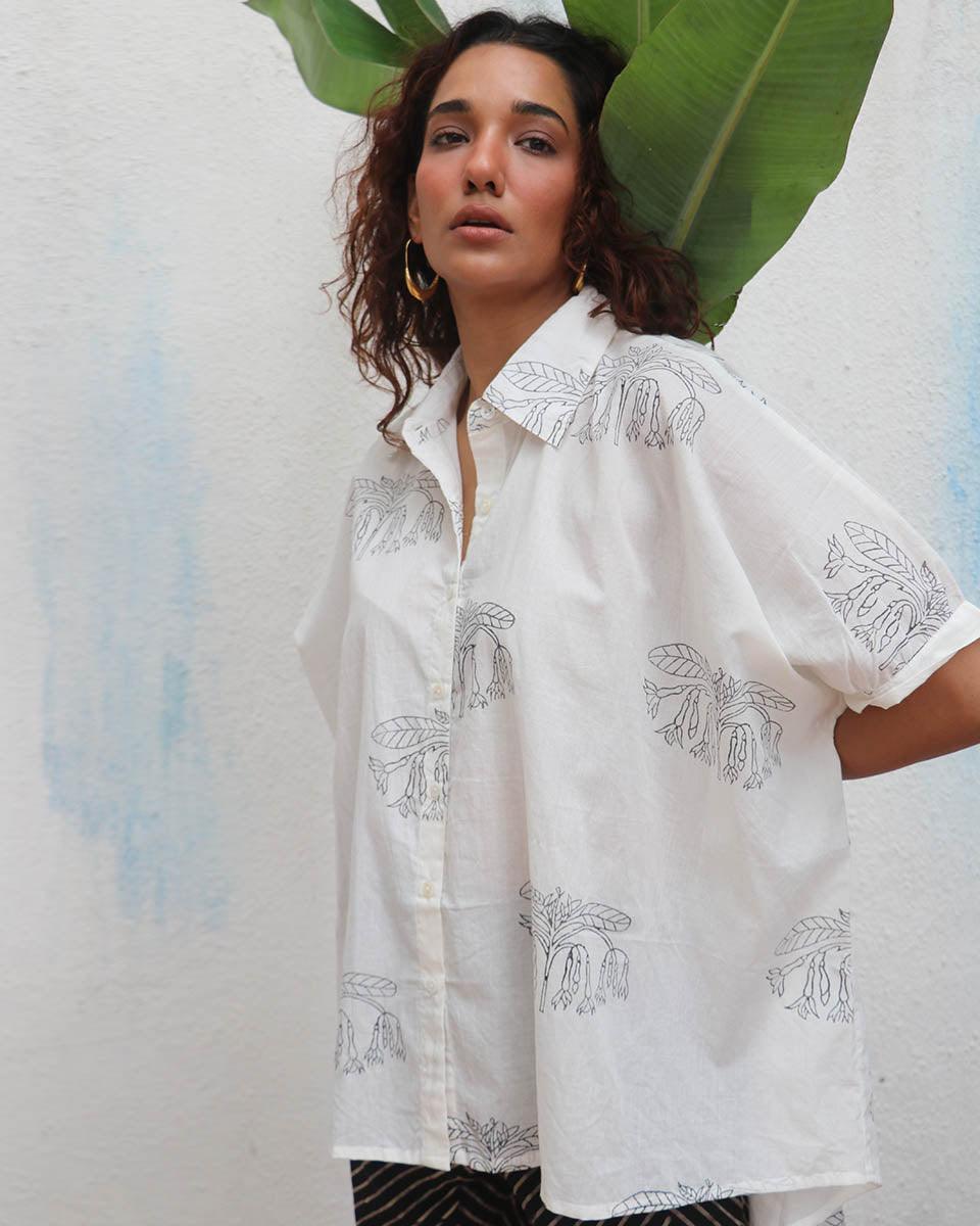 "Flor d’Luna  Handblock Printed Cotton Shirt - Mono