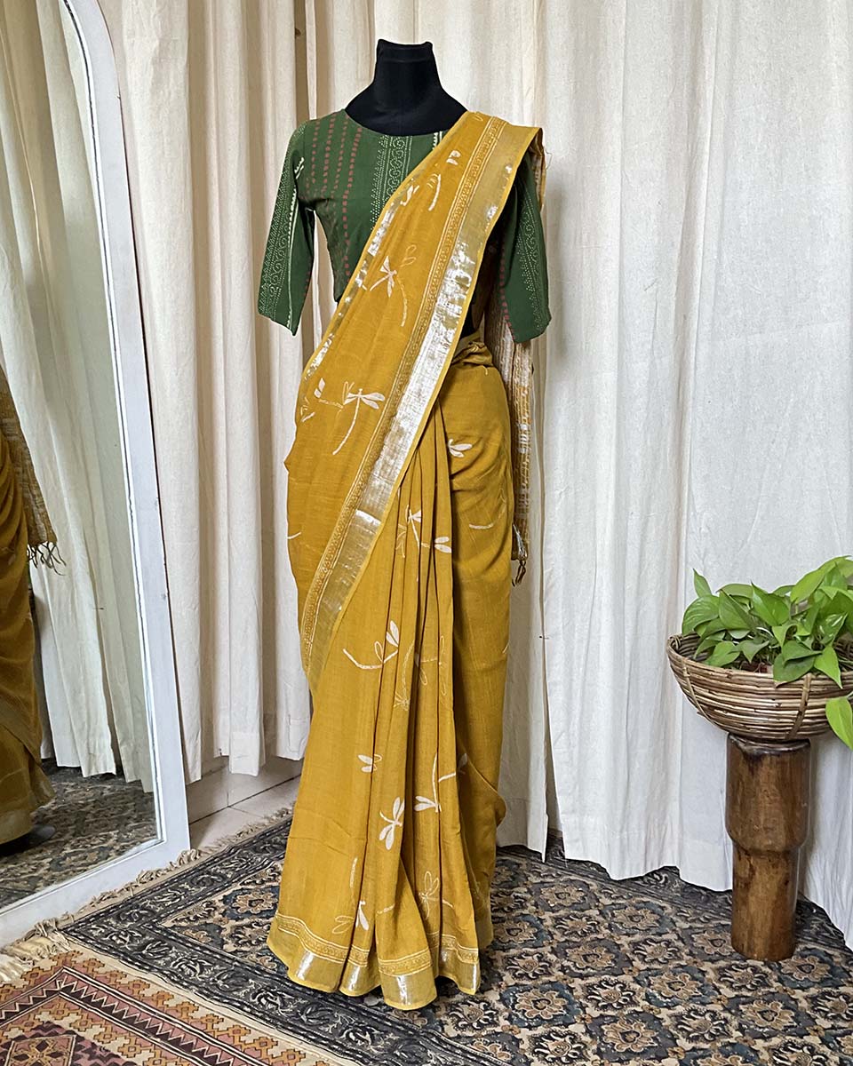 Mustard handblock printed linen Saree - Love Despite