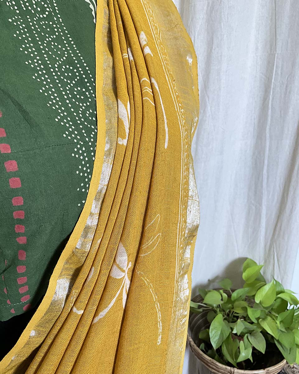 Mustard handblock printed linen Saree - Love Despite