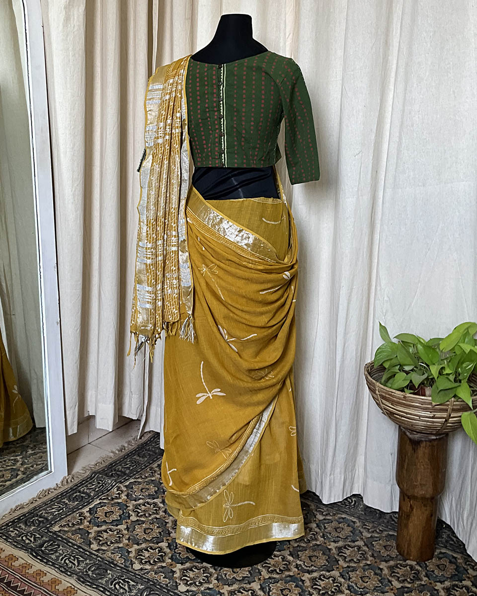 Mustard handblock printed linen Saree - Love Despite