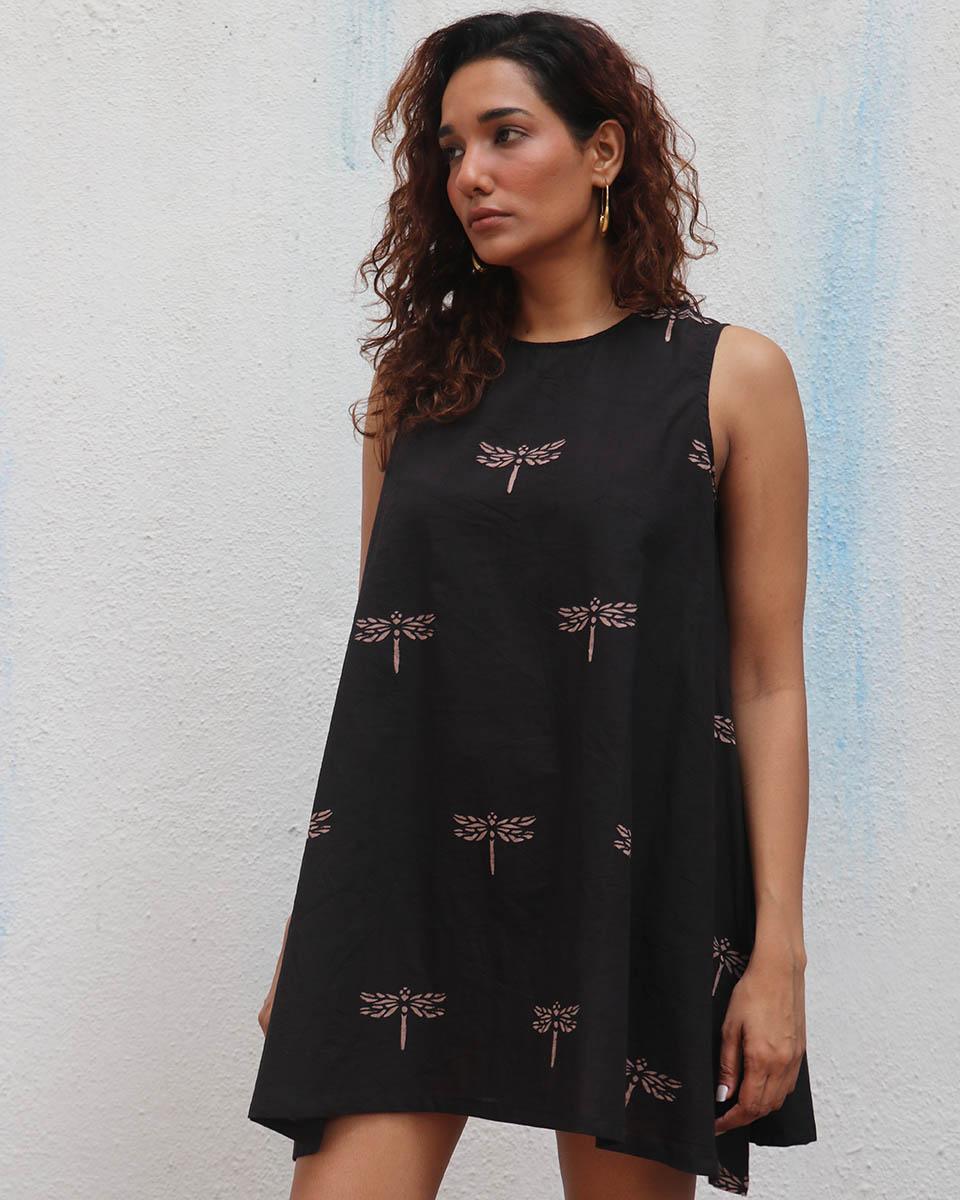 Dragonflies Dance Handblock Printed Cotton Dress - Mono