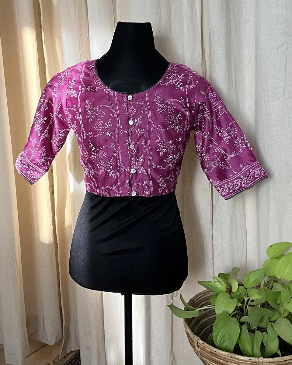 Purple Handblock Printed Chanderi Silk Blouse - Love Despite