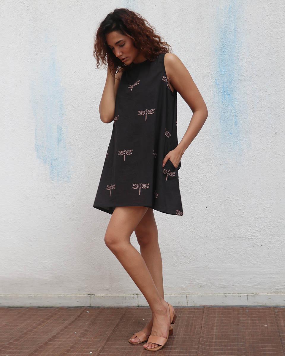 Dragonflies Dance Handblock Printed Cotton Dress - Mono