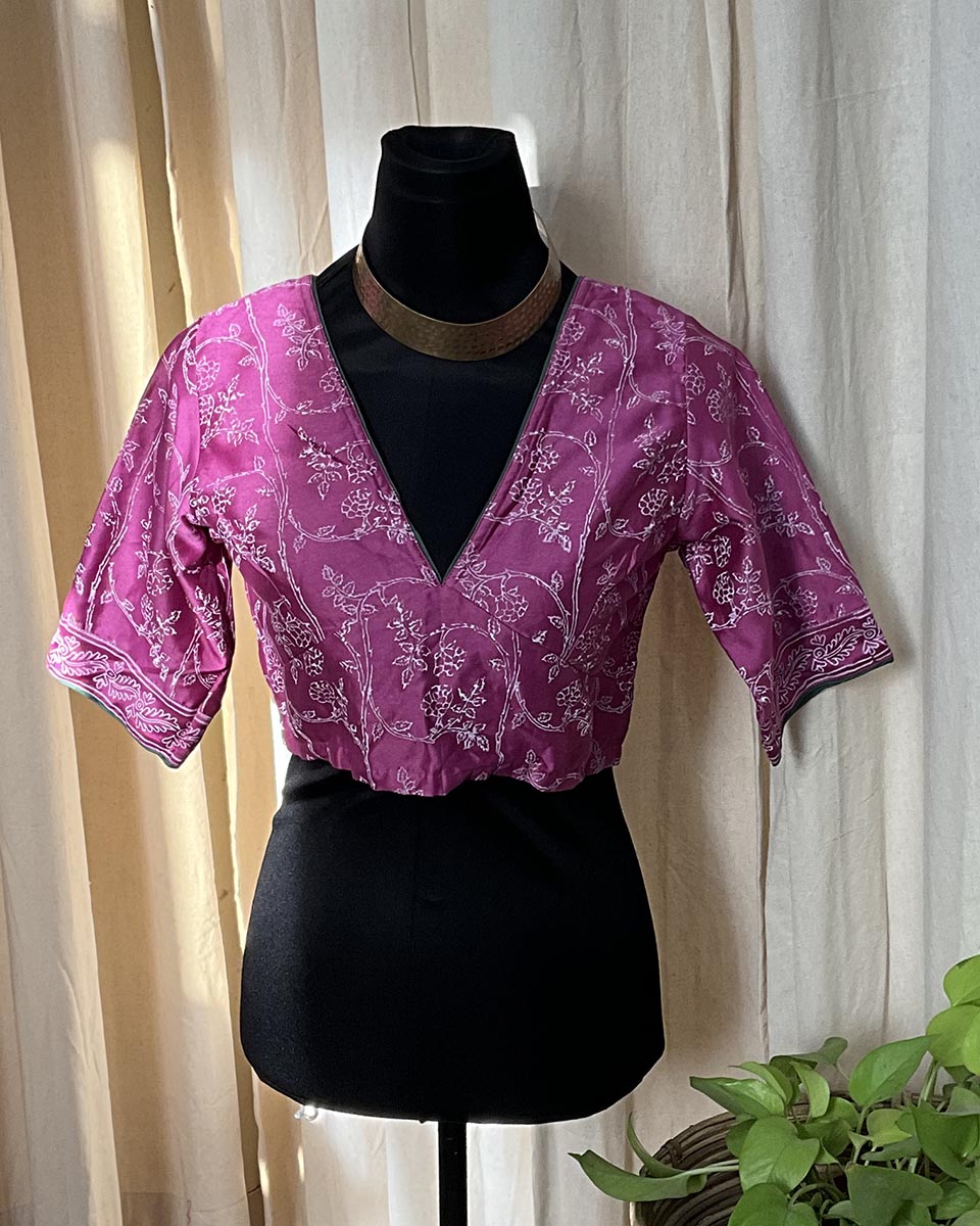 Purple Handblock Printed Chanderi Silk Blouse - Love Despite