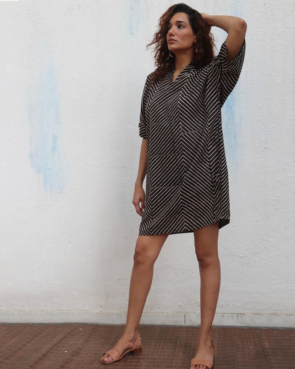 Almond Butter  Handblock Printed Cotton Dress - Mono