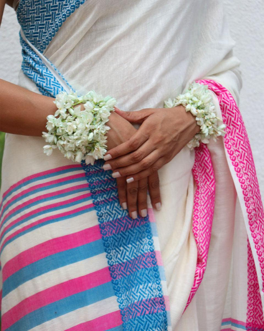 Bhavani Ivory Handwoven Linen Cotton Jamdani Saree - Uma