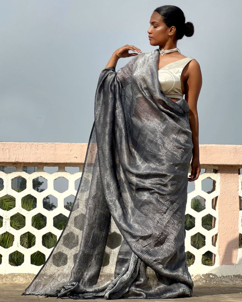 Grey Handwoven Linen Zari Saree - TOG