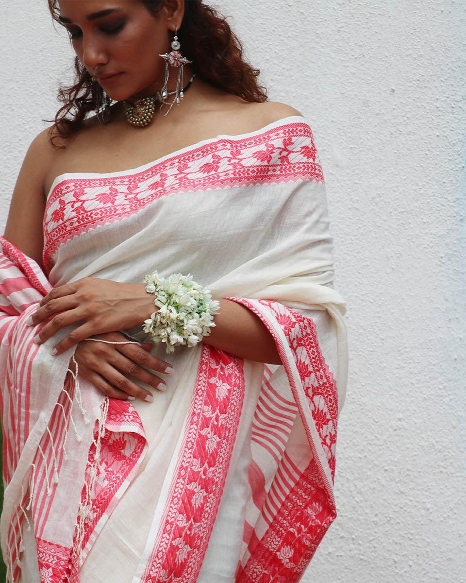 Trinetra Handwoven Linen Cotton Jamdani Saree - Uma