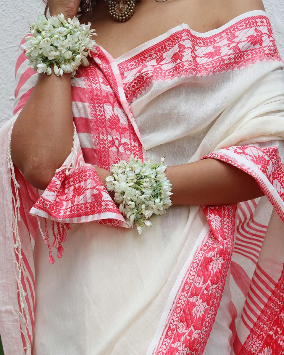 Trinetra Handwoven Linen Cotton Jamdani Saree - Uma