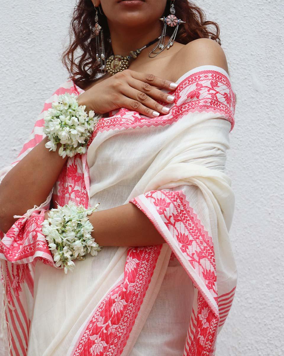 Trinetra Handwoven Linen Cotton Jamdani Saree - Uma