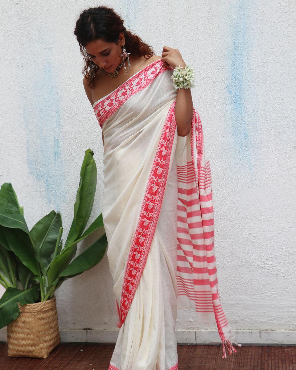 Trinetra Handwoven Linen Cotton Jamdani Saree - Uma