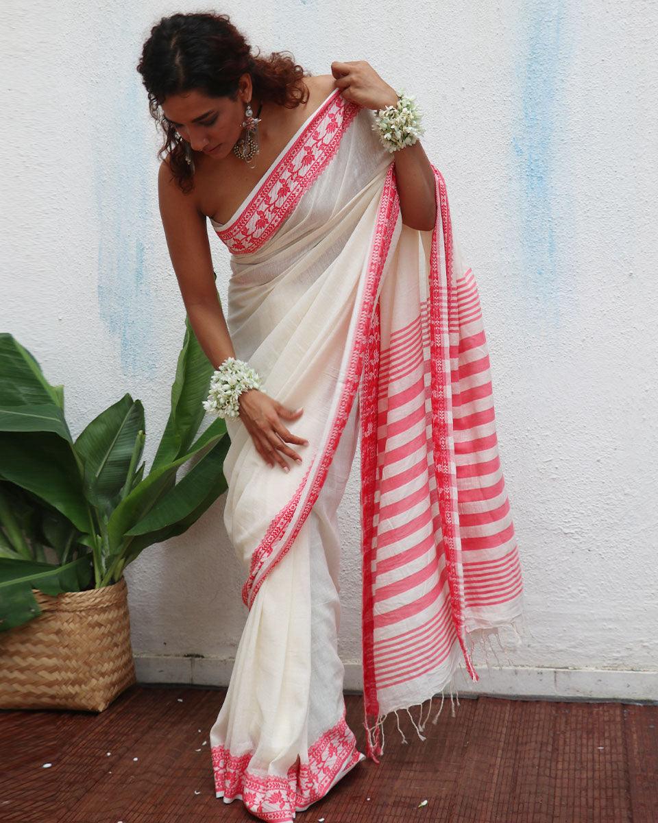 Trinetra Handwoven Linen Cotton Jamdani Saree - Uma