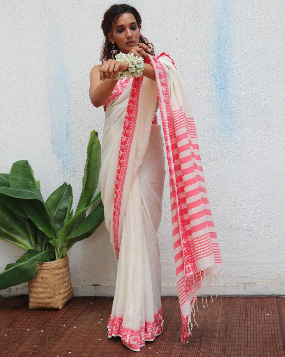 Trinetra Handwoven Linen Cotton Jamdani Saree - Uma