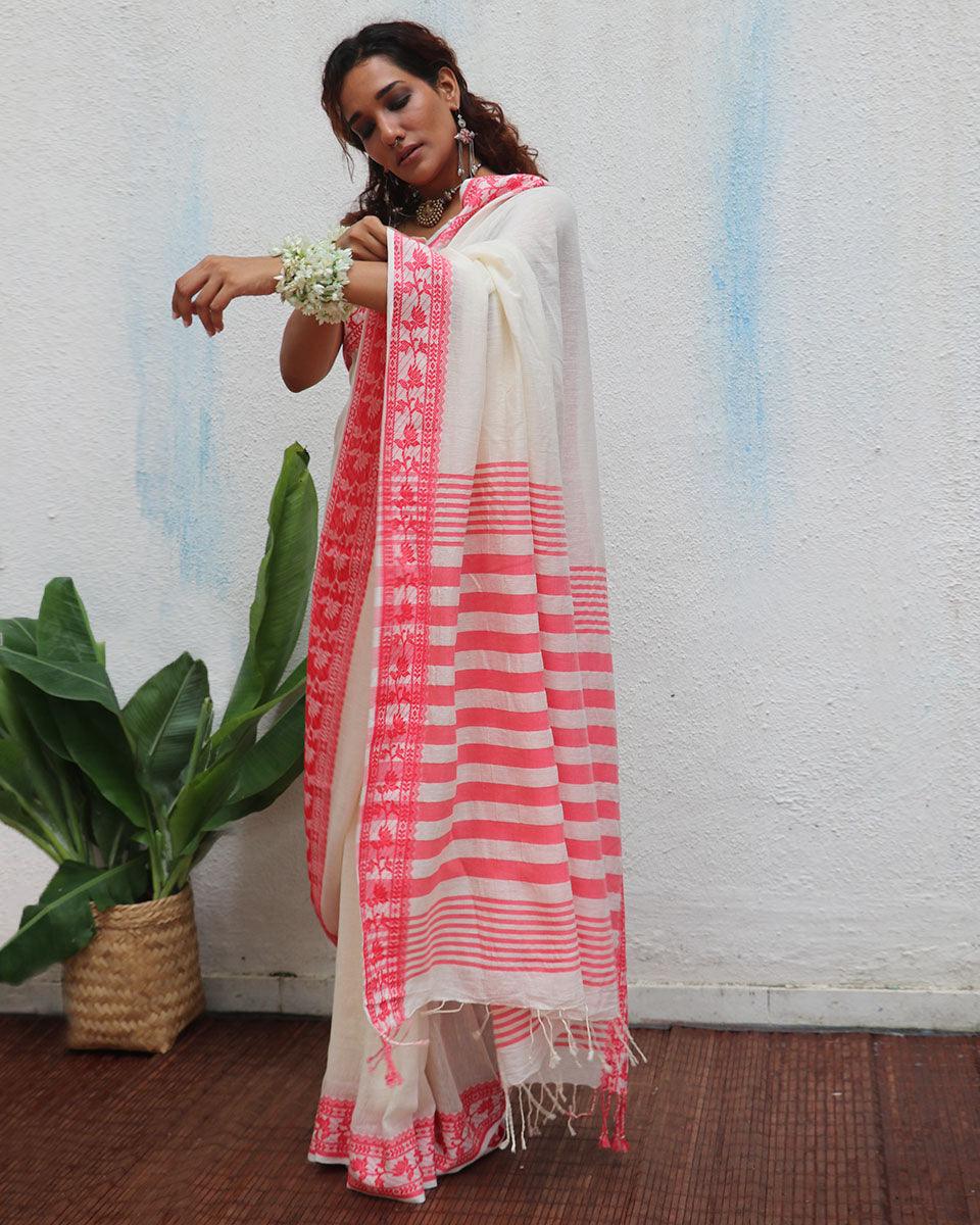 Trinetra Handwoven Linen Cotton Jamdani Saree - Uma