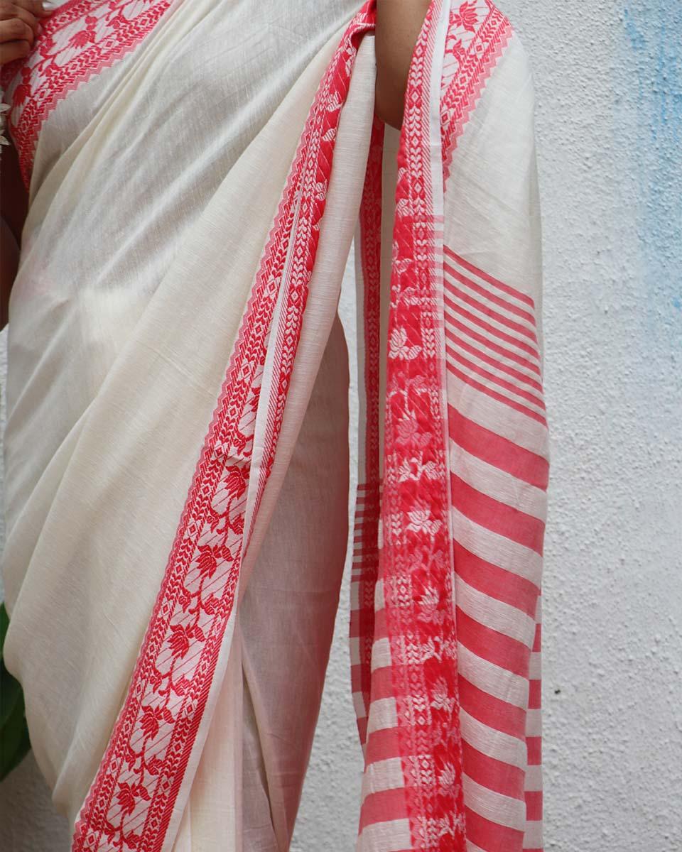 Trinetra Handwoven Linen Cotton Jamdani Saree - Uma