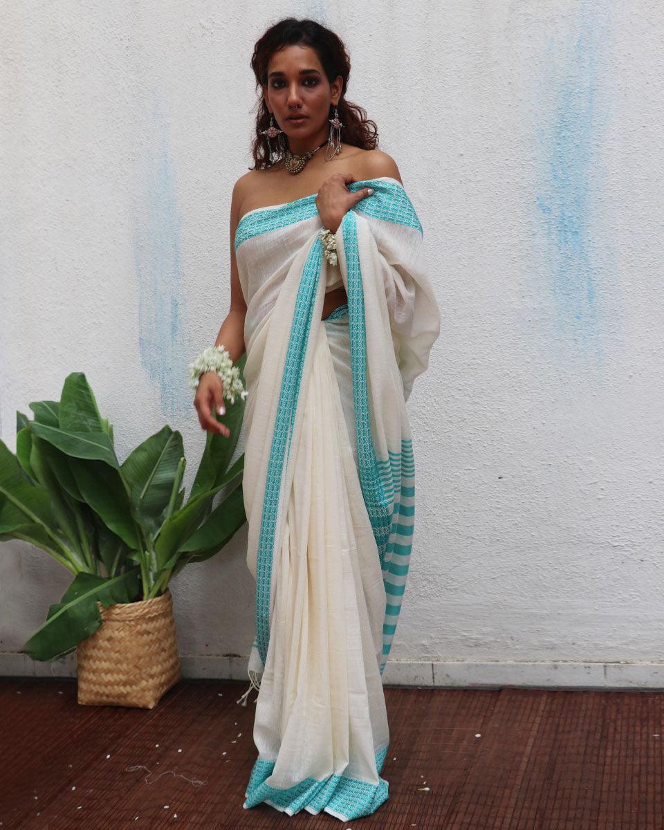 Abhaya Handwoven Linen Cotton Jamdani Saree - Uma