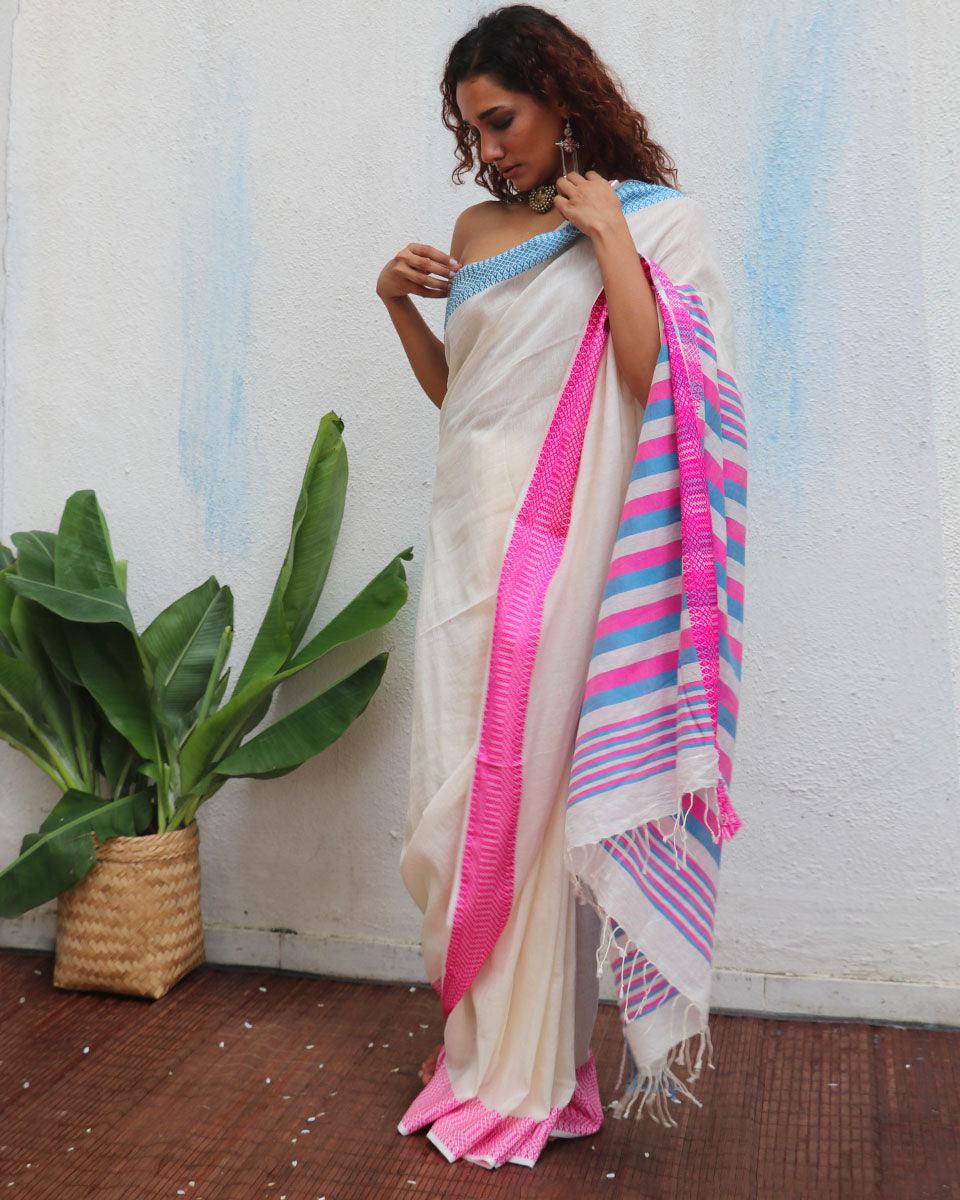 Sadhvi Handwoven Linen Cotton Jamdani Saree - Uma