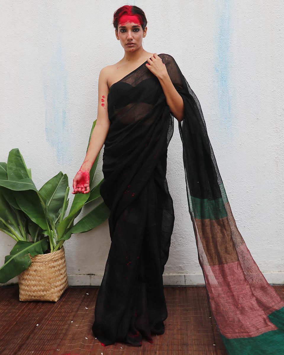 Kalavati Handwoven Linen Saree - Kaali