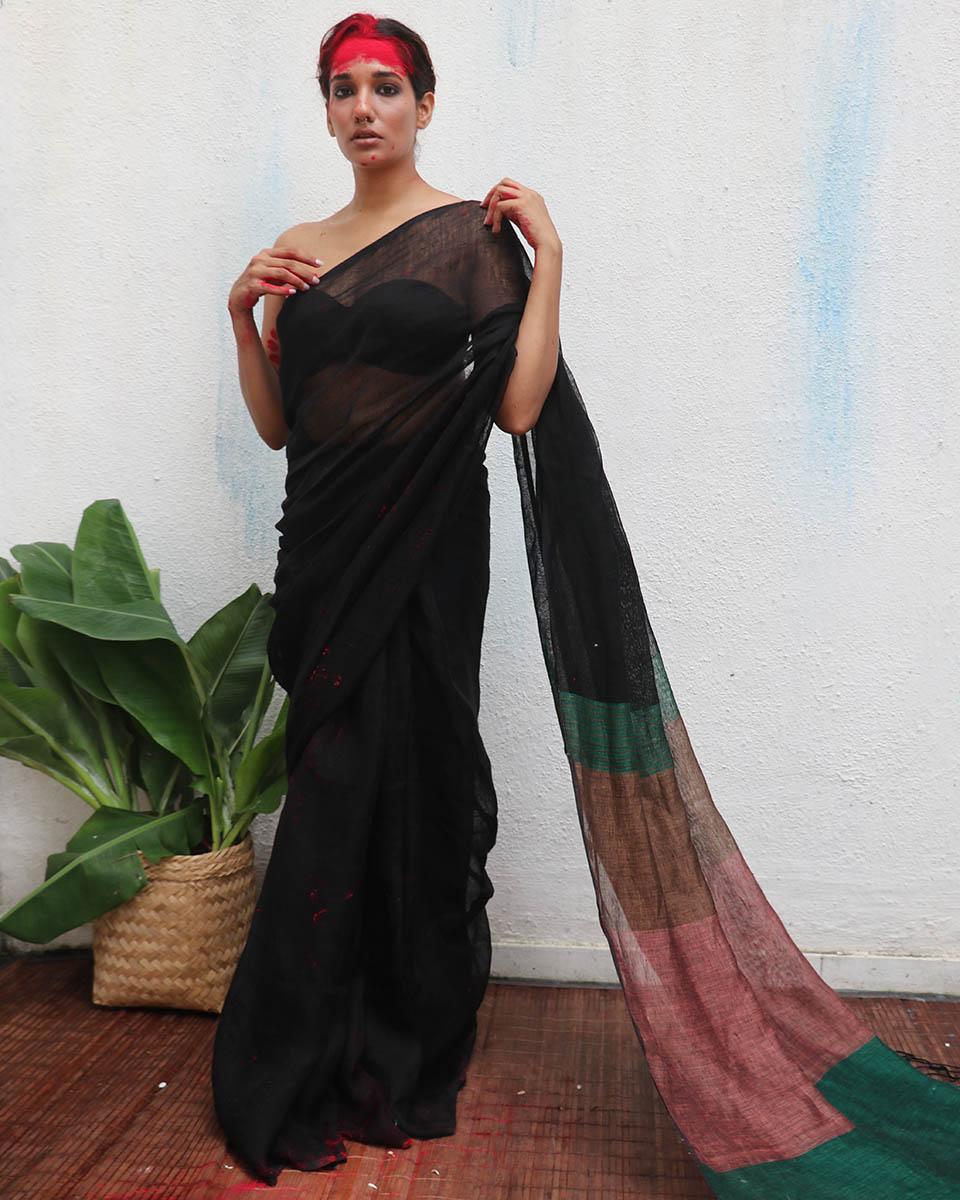 Kalavati Handwoven Linen Saree - Kaali