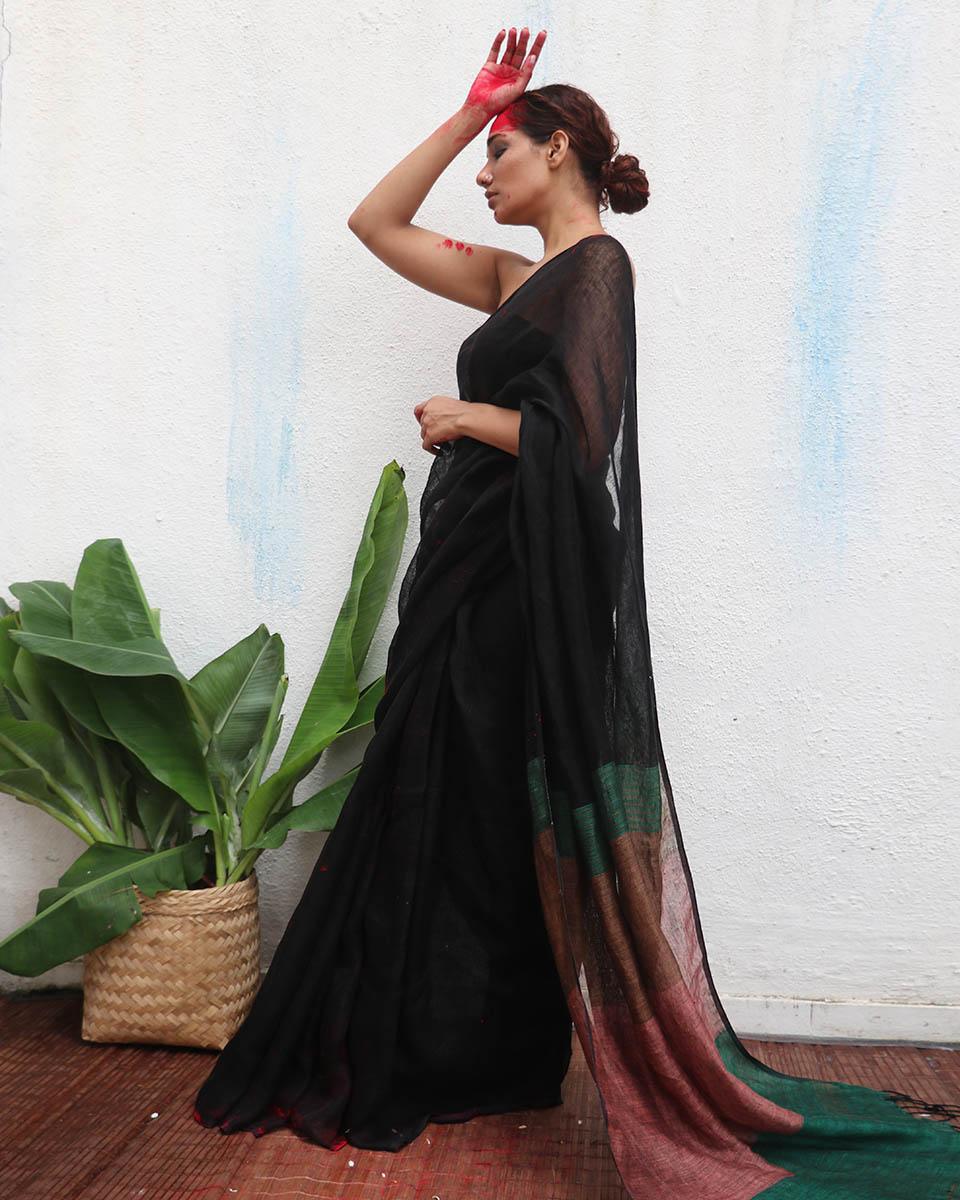 Kalavati Handwoven Linen Saree - Kaali