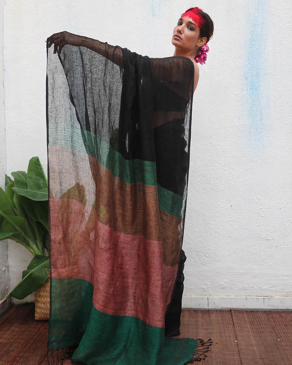 Kalavati Handwoven Linen Saree - Kaali