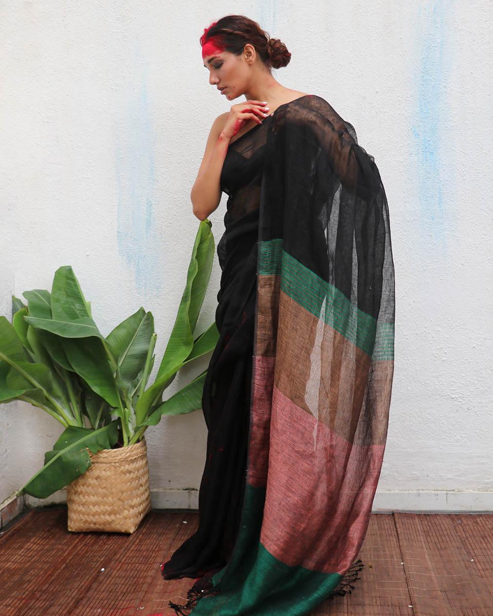 Kalavati Handwoven Linen Saree - Kaali